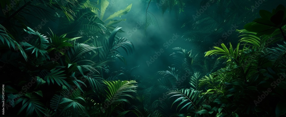 Enchanting Mystical Jungle Scene with Lush Greenery and Mysterious Mist Creeping through the Forest