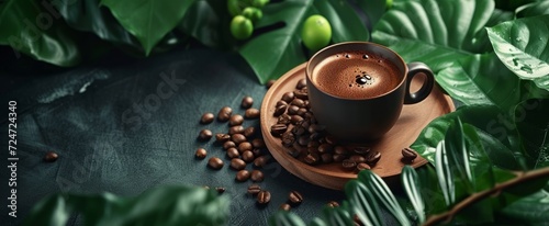 Aromatic Freshly Brewed Cup of Coffee Surrounded by Roasted Beans and Lush Green Leaves on a Rustic Wooden Surface in a Serene Natural Setting