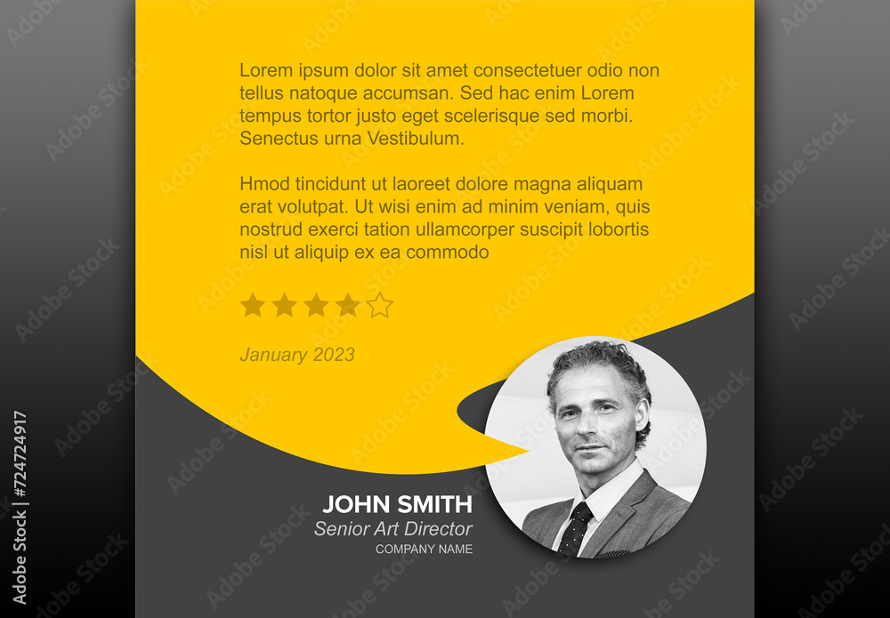 Person dark quote testimonial or review template with big speech bubble and photo