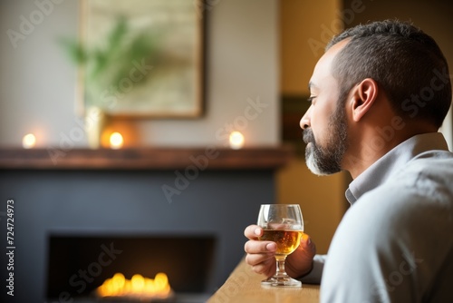 profile of a person contemplating a glass of whiskey, fireplace in the background