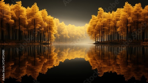 Golden trees reflected in lake on black sky background. Modern canvas art with golden yellow forest