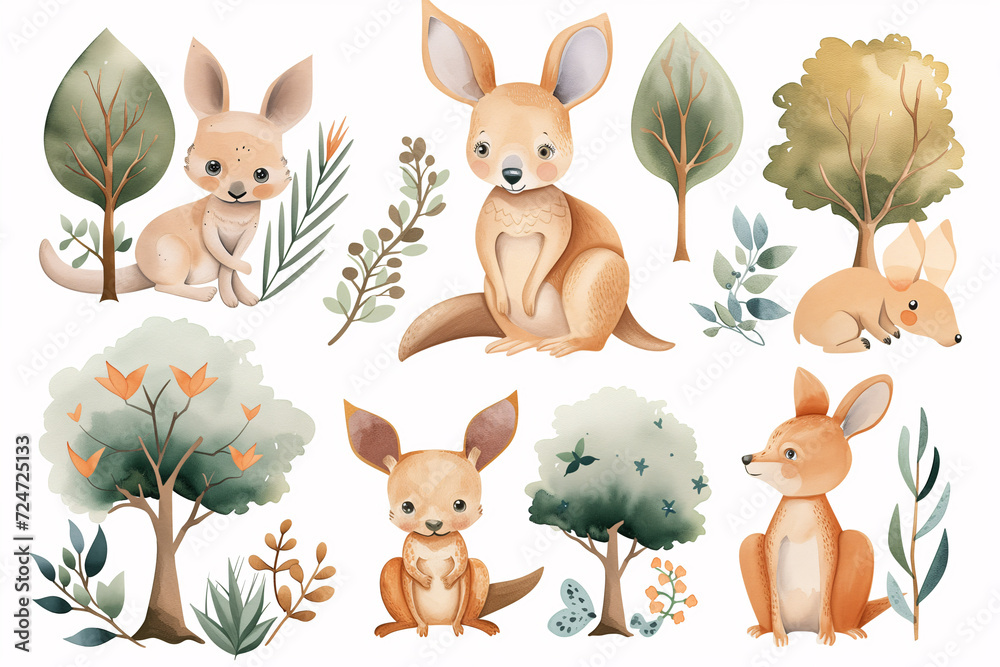 Naklejka premium A heartwarming watercolor collection featuring endearing kangaroos surrounded by a variety of Australian botanicals and foliage.