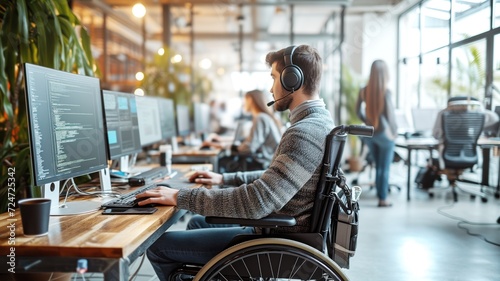 software developer in a wheelchair working at a multi-monitor computer setup in a bright, modern office.