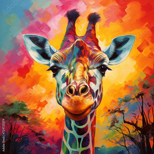 giraffe painting on a colorful background with trees and sunset