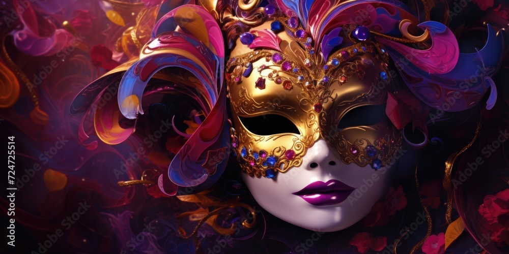 Vibrant background adorned with Venice Carnival masks.