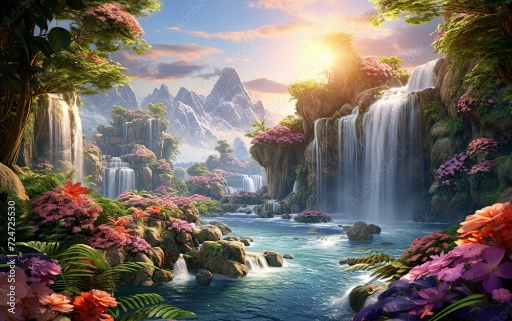 Paradise landscape with beautiful gardens, waterfalls and flowers, magical idyllic background with many flowers in eden - obrazy, fototapety, plakaty 