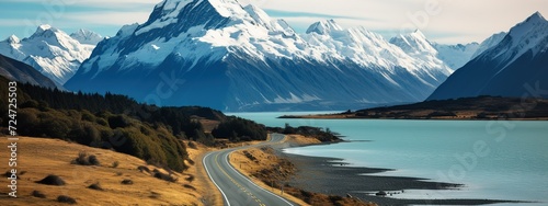 Scenic winding road along Lake Pukaki to Mount Cook National Park, South Island,