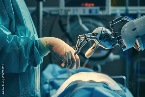 Young child interacting with humanoid robot.