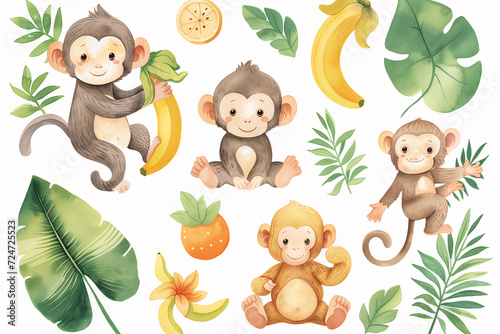 This captivating watercolor set features playful monkeys in various poses with tropical fruits and lush foliage, evoking a joyful jungle theme.