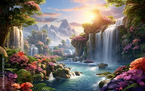Paradise landscape with beautiful gardens, waterfalls and flowers, magical idyllic background with many flowers in eden photo