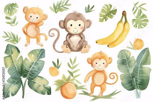 This captivating watercolor set features playful monkeys in various poses with tropical fruits and lush foliage  evoking a joyful jungle theme.