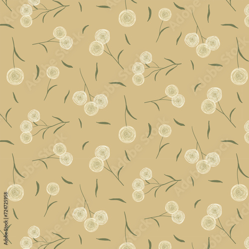 Seamless floral design of fluffy hand drawn flowers on beige background. Romantic vintage wispy dandelion pattern print for textiles and decoration.