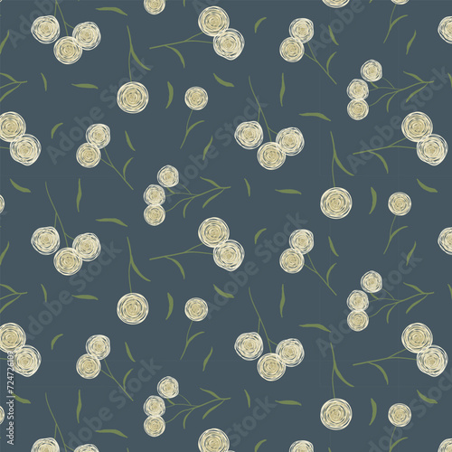 Seamless ditsy pattern of fluffy doodle dandelions and leaves on yellow background. Rustic retro wispy floral print for textiles and paper.