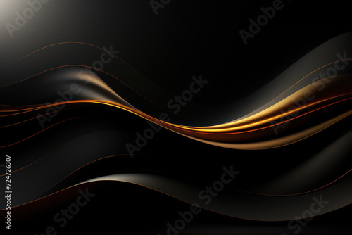 Abstract 3d luxury premium background, black flowing curved waves, golden accent, lighting effect