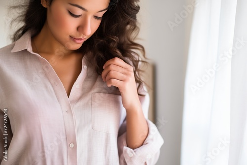 girl checking the sleeve length of a breezy linen shirt, close up