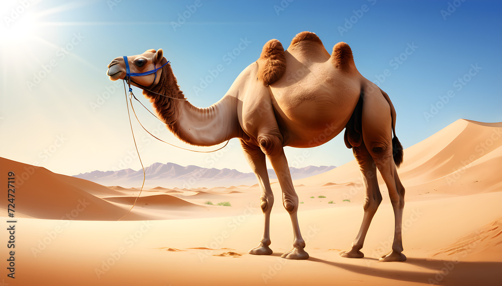 Majestic Single Camel Standing Serenely in Vast Desert Landscape During Midday Majestic Single Camel Standing Serenely in Vast Desert Landscape During Midday