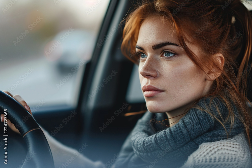 Emotional woman driving a car, had an accident. Sad driver stuck in traffic Emotional woman driving a car, had an accident. Sad driver stuck in traffic