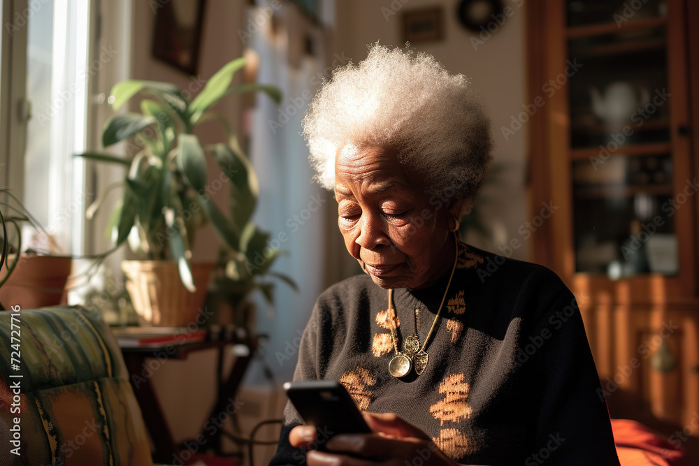 A senior African American woman with her cellphone, in the minimalist elegance Nordic-designed apartment.