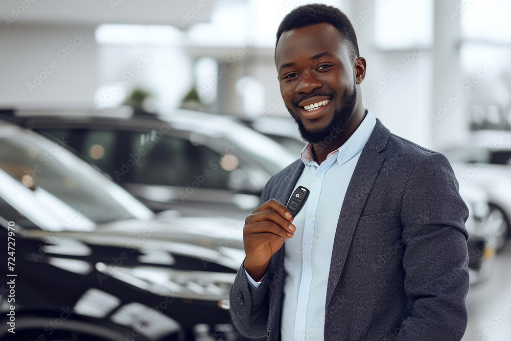Naklejka premium Young happy African American salesman holding key of new car in showroom and looking at camera.