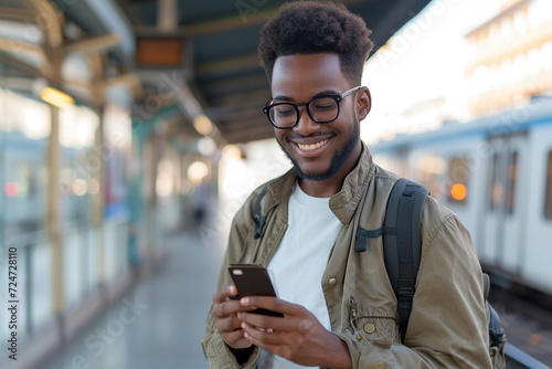 Happy African American man texting on smart phone at train station photo