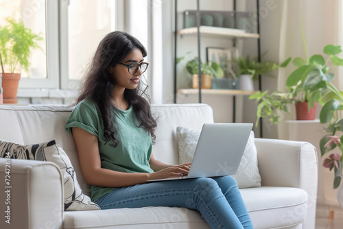 Free Download Young Indian woman wearing jeans and green t-shirt sitting working in laptop in white home office - GFXLoad