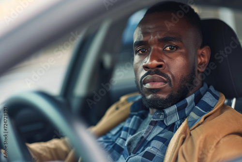Emotional African American man driving a car, had an accident. Sad driver stuck in traffic. © wolfhound911
