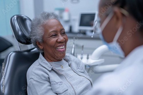 Senior African American woman talking to her dentist during appointment at dental clinic photo