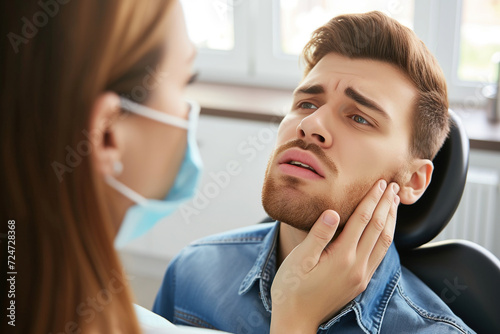 Man complaining about toothache during appointment at dentist s office