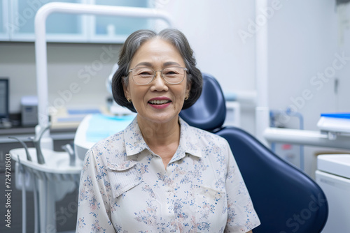 Satisfied Korenian senior woman at dentist s office looking at camera