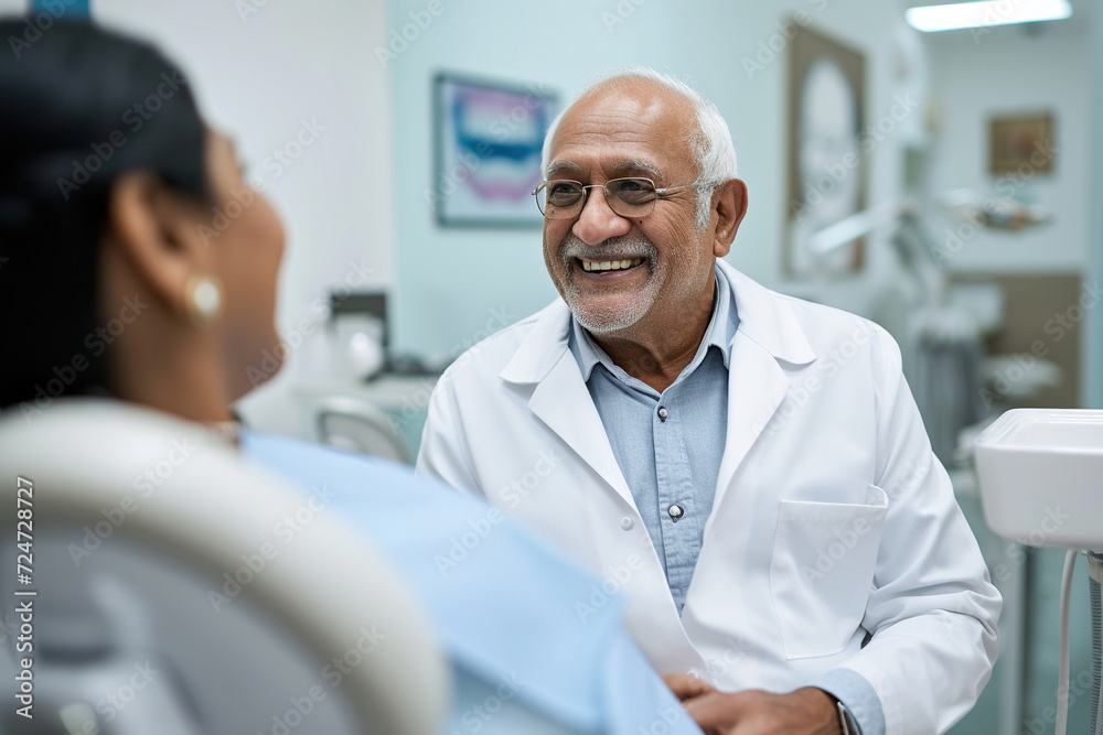 Senior Indian man talking to his dentist during appointment at dental clinic Senior Indian man talking to his dentist during appointment at dental clinic