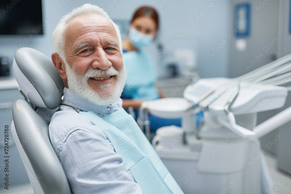 Fototapeta premium Satisfied senior man at dentist's office looking at camera
