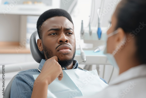 African American Man complaining about toothache during appointment at dentist's office photo