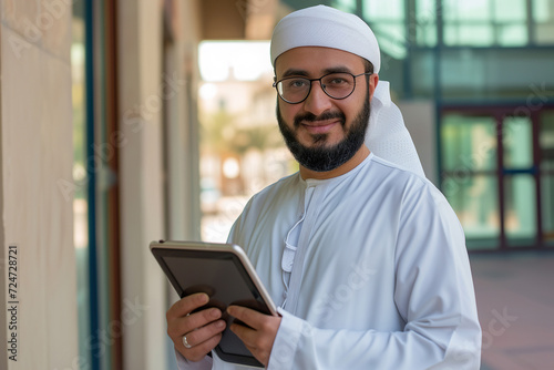 Happy high school Arabian teacher using digital tablet and looking at camera