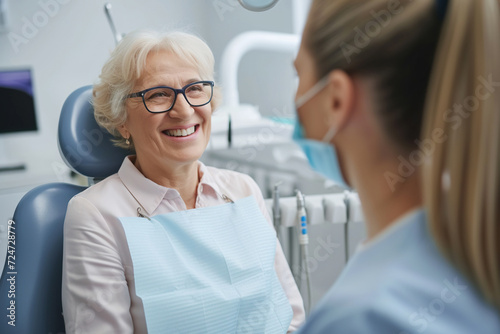 Senior woman talking to her dentist during appointment at dental clinic