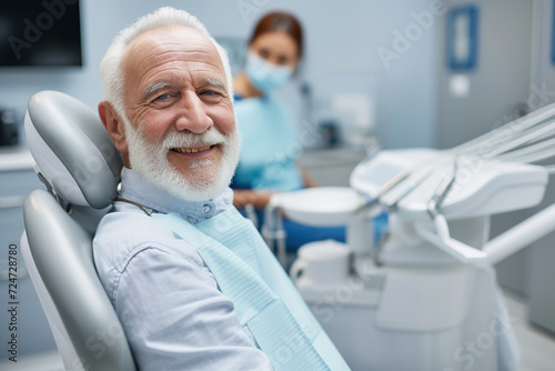 Satisfied senior man at dentist s office looking at camera