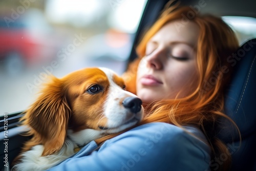 girl and corgi taking a nap in the backseat of a car