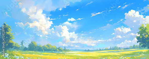 Beautiful grassy fields under a summer blue sky with fluffy white clouds blowing in the wind. Wide format image captures the sky behind a green field, creating a serene landscape of anime backgrounds.