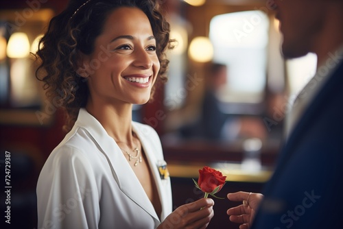 elegant woman receiving a rose from staff on a luxury train