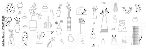 Minimalistic natural and ceramic vector big set with graphic, abstract, whimsical, dry flowers in different shape vases.