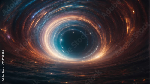 Abstract wormhole vortex with dynamic beams of light bending toward an unknown celestial destination. Hyperspace journey in a captivating cosmic setting.