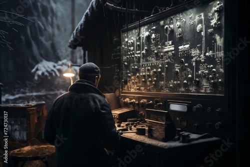 An employee controls the devices in a secret laboratory, technological process control, retro analog devices, winter forest, in style of a photo reportage © soleg