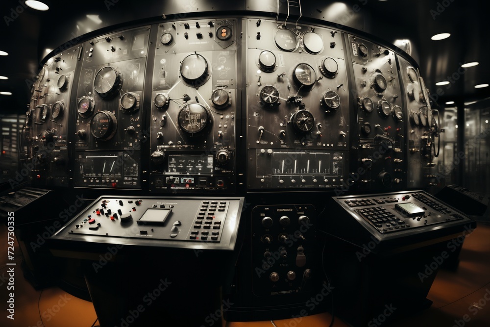 Command Panel Device command post of a retro analog control center for an industrial ...