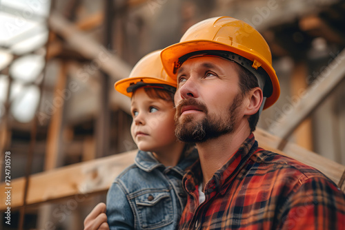 A sunny day on the construction site captures the essence of an engineer builder family, with father and son working together to shape a brighter future photo