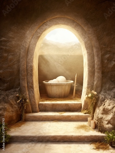 Resurrection Of Jesus Christ  Tomb Empty  Easter  copy space - generative ai