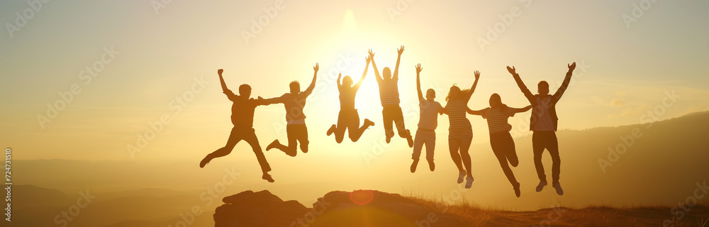 Fototapeta premium group of people jumping high against the sunset
