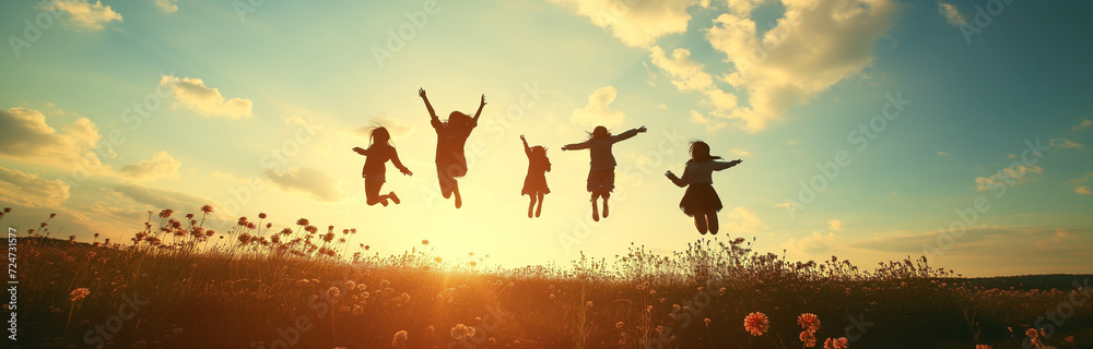 group of people jumping high against the sunset group of people jumping high against the sunset