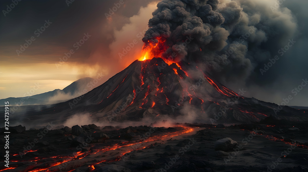 burning volcano in the volcano natural disaster situation, Disaster aftermath landscape, Emergency response scene, Catastrophic event aftermath, Disaster recovery operation, Devastation and cleanup,