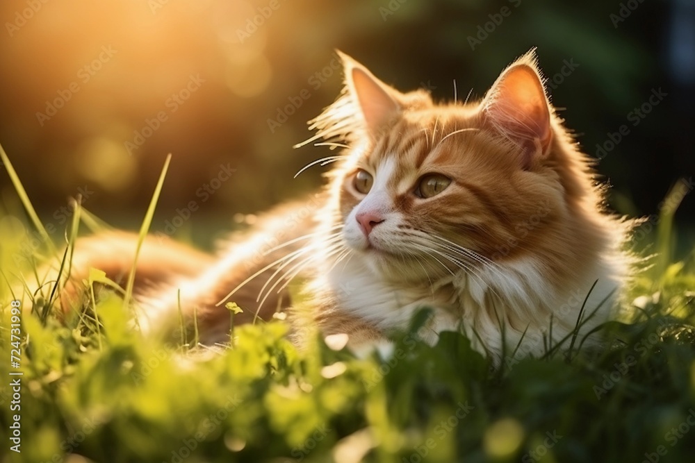 Happy ginger tabby cat lying on the grass and enjoying the sun