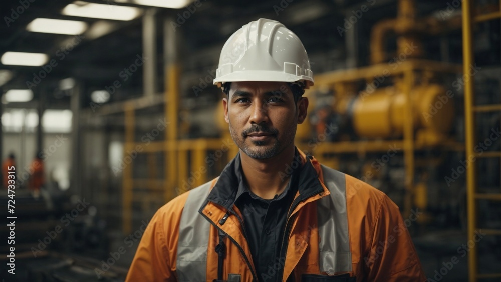 Portrait of Maintenance Engineer in Uniform and Safety Hard Hat at Factory Station Portrait of Maintenance Engineer in Uniform and Safety Hard Hat at Factory Station