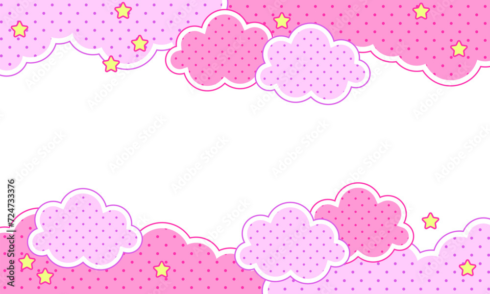 Abstract pink background with stars, clouds. Abstract background with little stars. Decoration banner themed Lol surprise doll girlish style. Invitation card template
